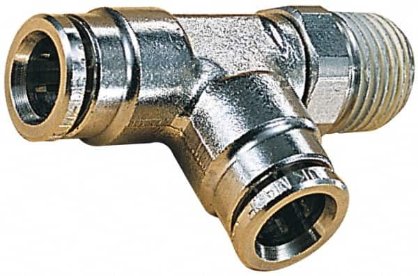 Norgren - 12mm Outside Diam, 1/4 BSPT, Nickel Plated Brass Push-to-Connect Tube Male Swivel Run Tee - 260 Max psi, Tube to Male BSPT Connection, Nitrile O-Ring - Exact Tooling