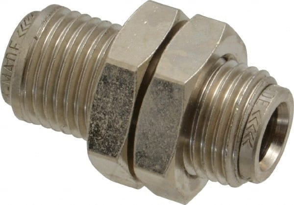 Norgren - 8mm Outside Diam, M16x1.5 Thread, Nickel Plated Brass Push-to-Connect Tube Bulkhead Union - 260 Max psi, Tube to Tube Connection, , Nitrile O-Ring - Exact Tooling