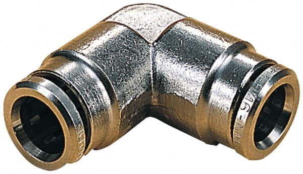 Norgren - 14mm Outside Diam, Nickel Plated Brass Push-to-Connect Tube Union Elbow - 260 Max psi, Tube to Tube Connection, Nitrile O-Ring - Exact Tooling