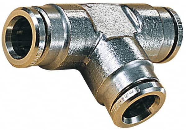 Norgren - 14mm Outside Diam, Nickel Plated Brass Push-to-Connect Tube Union Tee - 260 Max psi, Tube to Tube Connection, Nitrile O-Ring - Exact Tooling