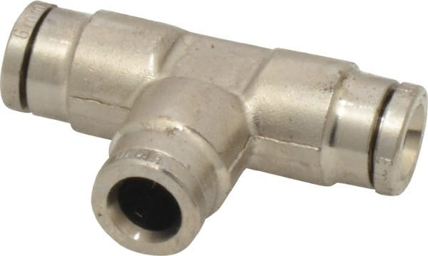 Norgren - 6mm Outside Diam, Nickel Plated Brass Push-to-Connect Tube Union Tee - 260 Max psi, Tube to Tube Connection, Nitrile O-Ring - Exact Tooling