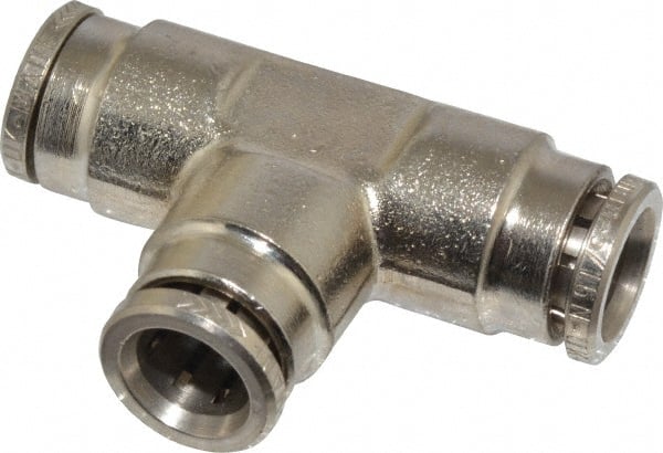 Norgren - 8mm Outside Diam, Nickel Plated Brass Push-to-Connect Tube Union Tee - 260 Max psi, Tube to Tube Connection, Nitrile O-Ring - Exact Tooling