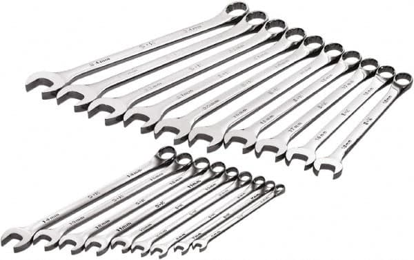 SK - 19 Piece, 6mm to 24mm, 12 Point Combination Wrench Set - Metric Measurement Standard, Full Polish Chrome Finish, Comes in Roll-Up Pouch - Exact Tooling