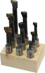 Interstate - 5/16 to 9/16" Min Diam, 3/4 to 3" Max Depth, 1/2" Shank Diam, 2-1/4 to 4-1/2" OAL Boring Bar Set - C2 Carbide Tipped, Bright Finish, Right Hand Cut, 9 Piece Set - Exact Tooling