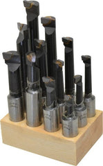 Interstate - 7/16 to 13/16" Min Diam, 1-1/8 to 4-1/2" Max Depth, 3/4" Shank Diam, 3-1/8 to 6-1/2" OAL Boring Bar Set - C2 Carbide Tipped, Bright Finish, Right Hand Cut, 12 Piece Set - Exact Tooling