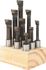 Interstate - 5/16 to 9/16" Min Diam, 3/4 to 3" Max Depth, 1/2" Shank Diam, 2-1/4 to 4-1/2" OAL Boring Bar Set - C6 Carbide Tipped, Bright Finish, Right Hand Cut, 9 Piece Set - Exact Tooling