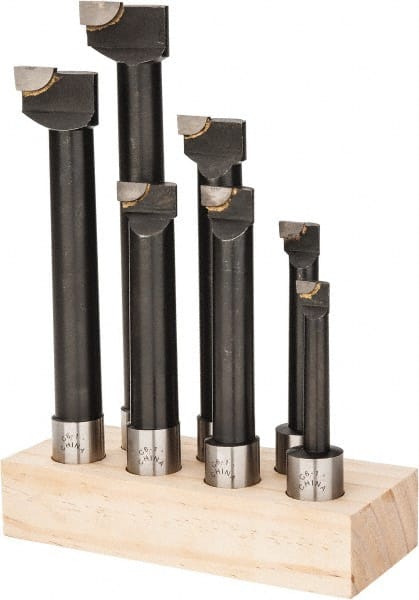 Interstate - 9/16 to 1-5/8" Min Diam, 3 to 7-1/2" Max Depth, 1" Shank Diam, 5 to 9-1/2" OAL Boring Bar Set - C6 Carbide Tipped, Bright Finish, Right Hand Cut, 7 Piece Set - Exact Tooling