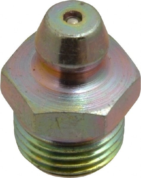 PRO-LUBE - Straight Head Angle, 1/8-27 PTF Steel Standard Grease Fitting - 7/16" Hex, 16.8mm Overall Height, 7.1mm Shank Length, Zinc Plated Finish - Exact Tooling