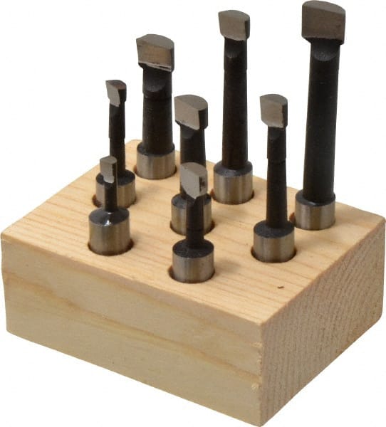 Interstate - 3/16 to 3/8" Min Diam, 9/16 to 1-7/8" Max Depth, 3/8" Shank Diam, 1-13/16 to 3-1/8" OAL Boring Bar Set - M35 Cobalt, Bright Finish, Right Hand Cut, 8 Piece Set - Exact Tooling