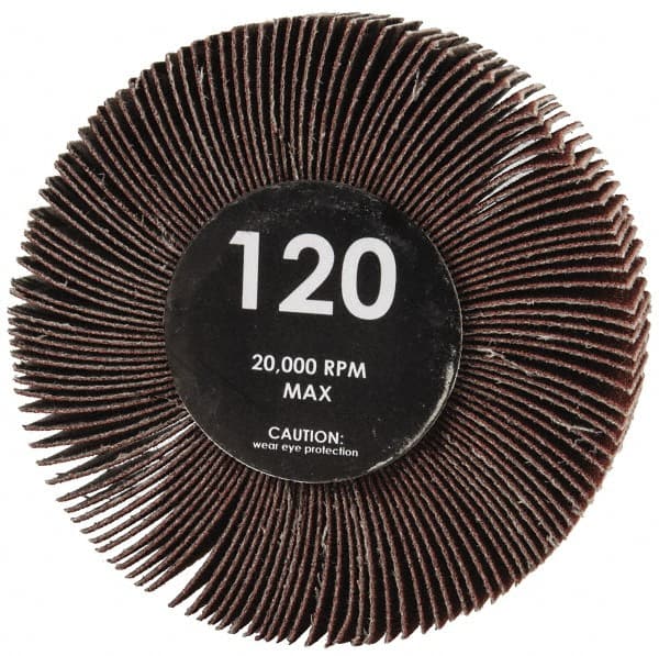 Value Collection - 3" Diam x 1" Face Width, Fine Aluminum Oxide Coated Mounted Flap Wheel - 1/4" Shank Mount, 120 Grit, Cloth Backing, 23,800 Max RPM - Exact Tooling