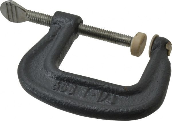Hargrave - Light-Duty 1-1/4" Max Opening, 1-3/16" Throat Depth, Ductile Iron Standard C-Clamp - 550 Lb Capacity, 0" Min Opening, Standard Throat Depth, Steel Screw - Exact Tooling
