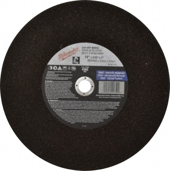 Milwaukee Tool - 14" 36 Grit Aluminum Oxide Cutoff Wheel - 3/32" Thick, 1" Arbor, 4,365 Max RPM, Use with Angle Grinders - Exact Tooling