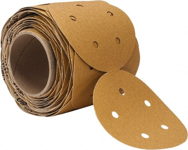 3M - 5" Diam, 80 Grit Aluminum Oxide Adhesive PSA Disc - Medium Grade, Gold, F Weighted Backing, Flexible, Use with Random Orbital Sanders - Exact Tooling