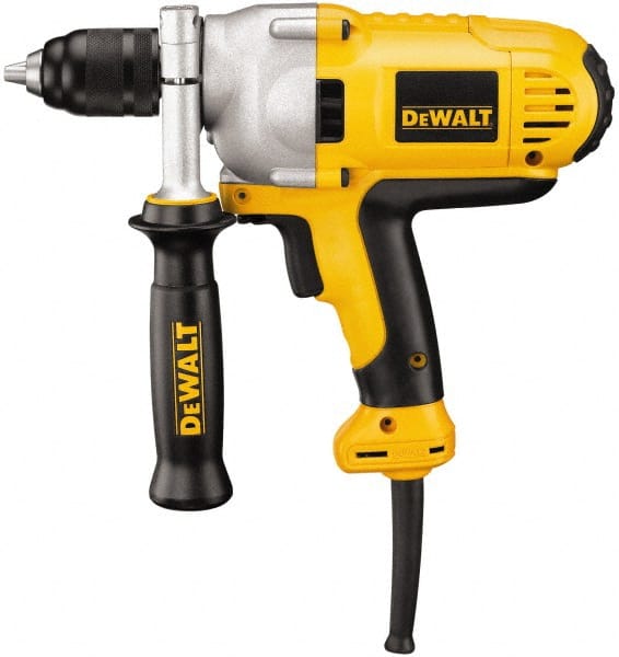 DeWALT - 1/2" Keyless Chuck, 0 to 1,250 RPM, Mid-Handle Grip Electric Drill - 10 Amps, Reversible, Includes 360° Locking Side Handle with Soft Grip - Exact Tooling