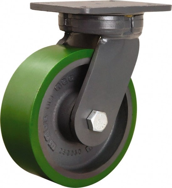 Hamilton - 8" Diam x 3" Wide x 10-1/2" OAH Top Plate Mount Swivel Caster - Polyurethane Mold onto Cast Iron Center, 2,500 Lb Capacity, Sealed Precision Ball Bearing, 5-1/4 x 7-1/4" Plate - Exact Tooling