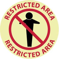 NMC - Restricted Area - Restricted Area, Anti-Skid Polyester Floor Sign - Round, Red & Black on Yellow (Glow), Adhesive Backed, For Security & Admittance - Exact Tooling