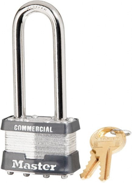 Master Lock - 2-1/2" Shackle Clearance, Keyed Alike Laminated Steel Padlock - 5/16" Shackle Diam, Steel - Exact Tooling