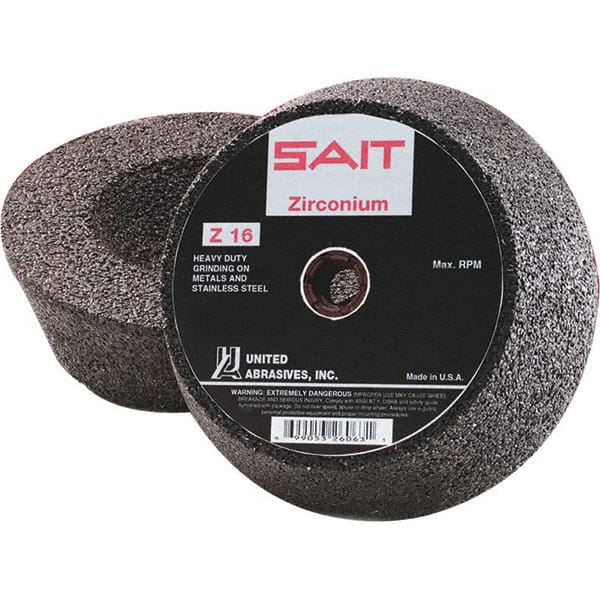 Sait - 6" Diam x 2" Thick, R Hardness, 16 Grit Surface Grinding Wheel - Zirconia Alumina, Type 11, Very Coarse Grade, 6,050 Max RPM, Resinoid Bond - Exact Tooling