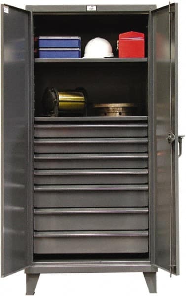 Strong Hold - 2 Shelf 7 Bin Locking Storage Cabinet - Steel, 36" Wide x 24" Deep x 78" High, Dark Gray - Exact Tooling