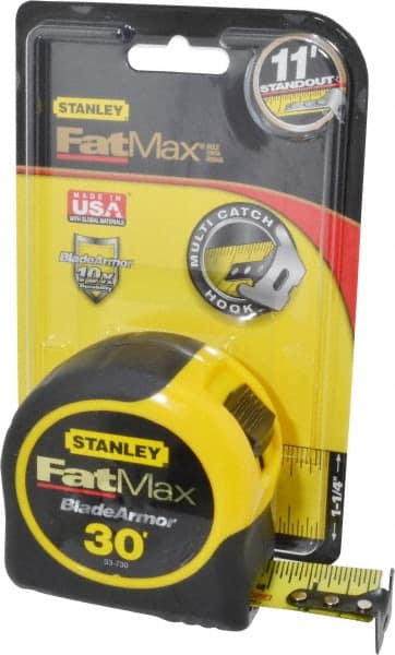 Stanley - 30' x 1-1/4" Yellow Blade Tape Measure - 1/16" Graduation, Inch Graduation Style, Yellow/Black Case - Exact Tooling
