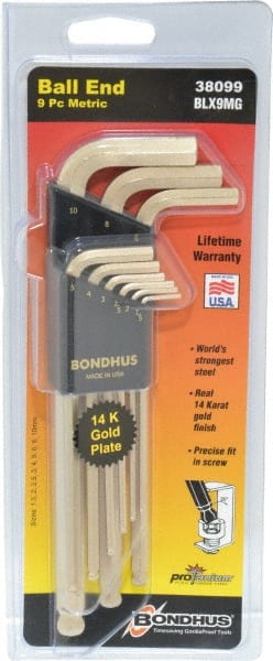 Bondhus - 9 Piece L-Key Ball End Hex Key Set - Hex Range 1.5 to 10mm, Steel - Exact Tooling