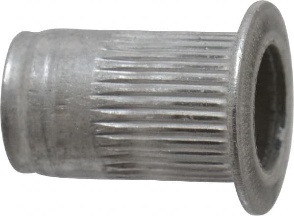 Made in USA - #10-24, 0.296 Insert Diam, 0.475" OAL, Knurled Body Open End Threaded Insert - 0.2969" Hole Diam, 0.415" Head Diam, 5056 Aluminum, Clear Protective Coating - Exact Tooling