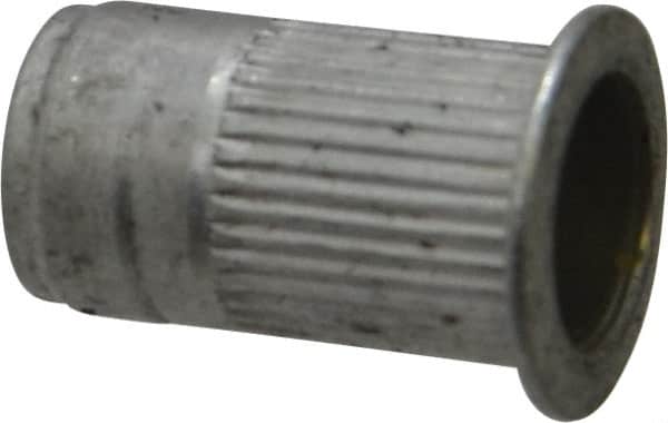 Made in USA - 1/4-20, 0.39 Insert Diam, 0.68" OAL, Knurled Body Open End Threaded Insert - 0.3906" Hole Diam, 1/2" Head Diam, 5056 Aluminum, Clear Protective Coating - Exact Tooling