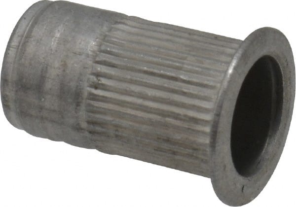 Made in USA - M6x1.00, 9.91mm Insert Diam, 17.27mm OAL, Knurled Body Open End Threaded Insert - 10mm Hole Diam, 12.7mm Head Diam, 5056 Aluminum, Clear Protective Coating - Exact Tooling