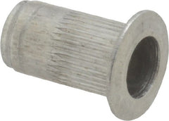 Made in USA - #8-32, 0.265 Insert Diam, 0.47" OAL, Knurled Body Open End Threaded Insert - 0.2656" Hole Diam, 0.39" Head Diam, 5056 Aluminum, Clear Protective Coating - Exact Tooling