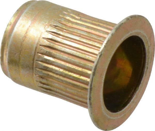 Made in USA - M10x1.50, 13.46mm Insert Diam, 17.53mm OAL, Knurled Body Open End Threaded Insert - 13.5mm Hole Diam, 17.4mm Head Diam, 1008/1010 Steel, Clear Protective Coating & Zinc Yellow Dichromate Finish - Exact Tooling