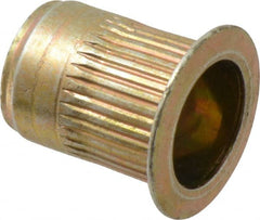 Made in USA - M10x1.50, 13.46mm Insert Diam, 17.53mm OAL, Knurled Body Open End Threaded Insert - 13.5mm Hole Diam, 17.4mm Head Diam, 1008/1010 Steel, Clear Protective Coating & Zinc Yellow Dichromate Finish - Exact Tooling