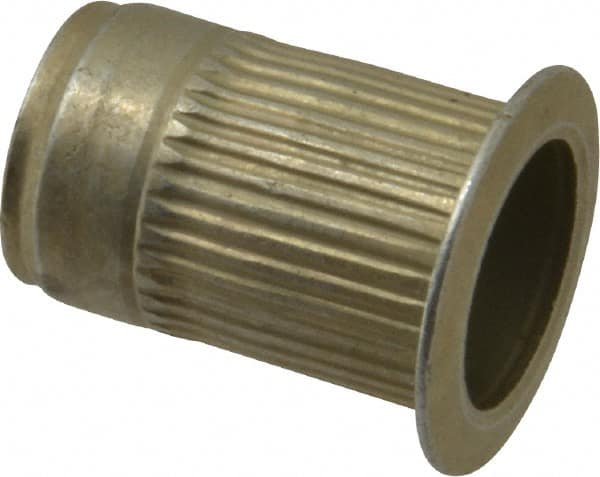 Made in USA - M10x1.50, 13.46mm Insert Diam, 20.45mm OAL, Knurled Body Open End Threaded Insert - 13.5mm Hole Diam, 17.4mm Head Diam, 1008/1010 Steel, Clear Protective Coating & Zinc Yellow Dichromate Finish - Exact Tooling