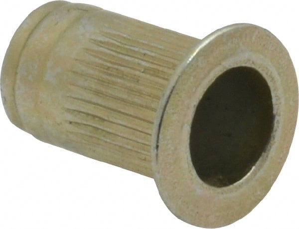 Made in USA - #10-24, 0.296 Insert Diam, 0.475" OAL, Knurled Body Open End Threaded Insert - 0.2969" Hole Diam, 0.415" Head Diam, 1008/1010 Steel, Clear Protective Coating & Zinc Yellow Dichromate Finish - Exact Tooling