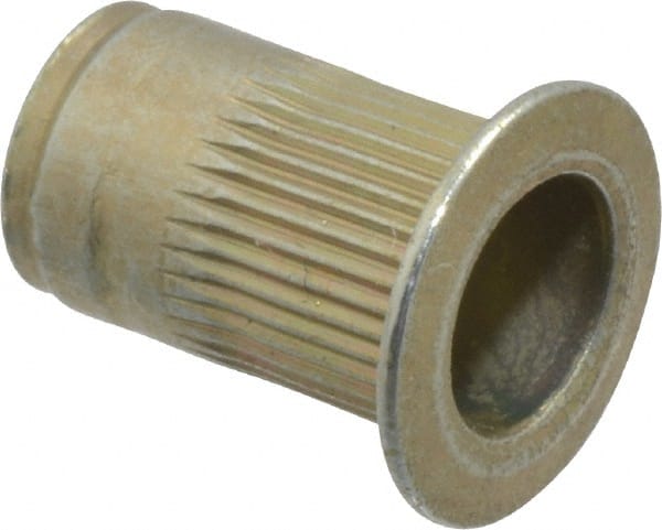 Made in USA - #10-32, 0.296 Insert Diam, 0.475" OAL, Knurled Body Open End Threaded Insert - 0.2969" Hole Diam, 0.415" Head Diam, 1008/1010 Steel, Clear Protective Coating & Zinc Yellow Dichromate Finish - Exact Tooling