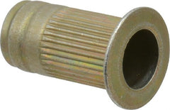 Made in USA - #10-32, 0.296 Insert Diam, 0.585" OAL, Knurled Body Open End Threaded Insert - 0.2969" Hole Diam, 0.415" Head Diam, 1008/1010 Steel, Clear Protective Coating & Zinc Yellow Dichromate Finish - Exact Tooling