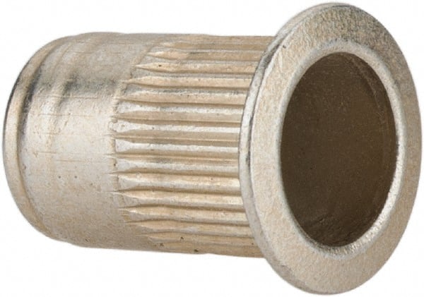 Made in USA - 1/4-20, 0.39 Insert Diam, 0.58" OAL, Knurled Body Open End Threaded Insert - 0.3906" Hole Diam, 1/2" Head Diam, 1008/1010 Steel, Clear Protective Coating & Zinc Yellow Dichromate Finish - Exact Tooling