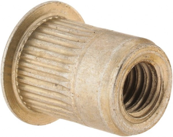 Made in USA - 5/16-18, 0.53 Insert Diam, 0.69" OAL, Knurled Body Open End Threaded Insert - 0.5312" Hole Diam, 0.685" Head Diam, 1008/1010 Steel, Clear Protective Coating & Zinc Yellow Dichromate Finish - Exact Tooling