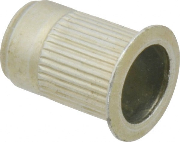 Made in USA - 5/16-18, 0.53 Insert Diam, 0.805" OAL, Knurled Body Open End Threaded Insert - 0.5312" Hole Diam, 0.685" Head Diam, 1008/1010 Steel, Clear Protective Coating & Zinc Yellow Dichromate Finish - Exact Tooling