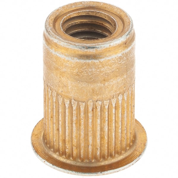 Made in USA - M6x1.00, 9.91mm Insert Diam, 14.73mm OAL, Knurled Body Open End Threaded Insert - 10mm Hole Diam, 12.7mm Head Diam, 1008/1010 Steel, Clear Protective Coating & Zinc Yellow Dichromate Finish - Exact Tooling