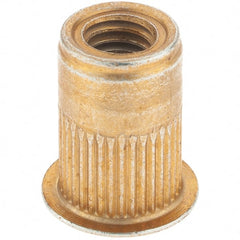 Made in USA - M6x1.00, 9.91mm Insert Diam, 14.73mm OAL, Knurled Body Open End Threaded Insert - 10mm Hole Diam, 12.7mm Head Diam, 1008/1010 Steel, Clear Protective Coating & Zinc Yellow Dichromate Finish - Exact Tooling