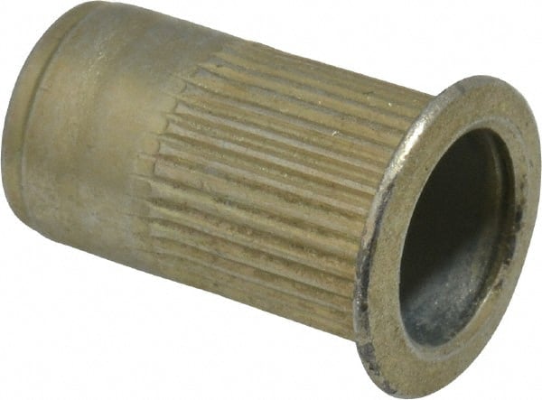 Made in USA - M6x1.00, 9.91mm Insert Diam, 17.27mm OAL, Knurled Body Open End Threaded Insert - 10mm Hole Diam, 12.7mm Head Diam, 1008/1010 Steel, Clear Protective Coating & Zinc Yellow Dichromate Finish - Exact Tooling