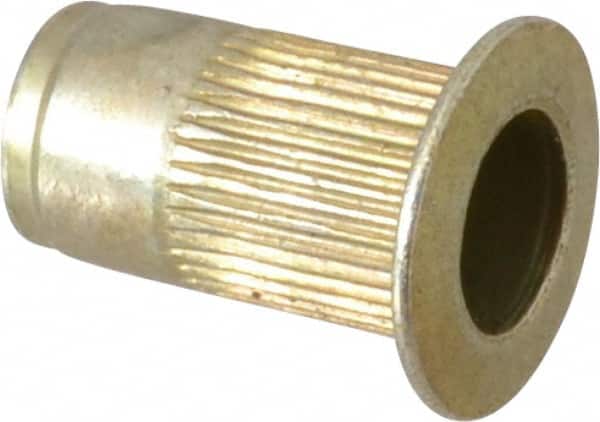 Made in USA - #6-32, 0.265 Insert Diam, 0.47" OAL, Knurled Body Open End Threaded Insert - 0.2656" Hole Diam, 0.39" Head Diam, 1008/1010 Steel, Clear Protective Coating & Zinc Yellow Dichromate Finish - Exact Tooling