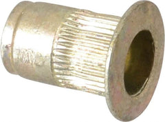 Made in USA - #6-32, 0.265 Insert Diam, 0.42" OAL, Knurled Body Open End Threaded Insert - 0.2656" Hole Diam, 0.39" Head Diam, 1008/1010 Steel, Clear Protective Coating & Zinc Yellow Dichromate Finish - Exact Tooling