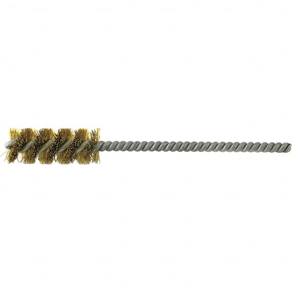 Brush Research Mfg. - 1/8" Diam Helical Brass Tube Brush - Single Spiral, 0.01" Filament Diam, 2-1/2" Brush Length, 6-1/2" OAL, 0.245" Diam Galvanized Steel Shank - Exact Tooling
