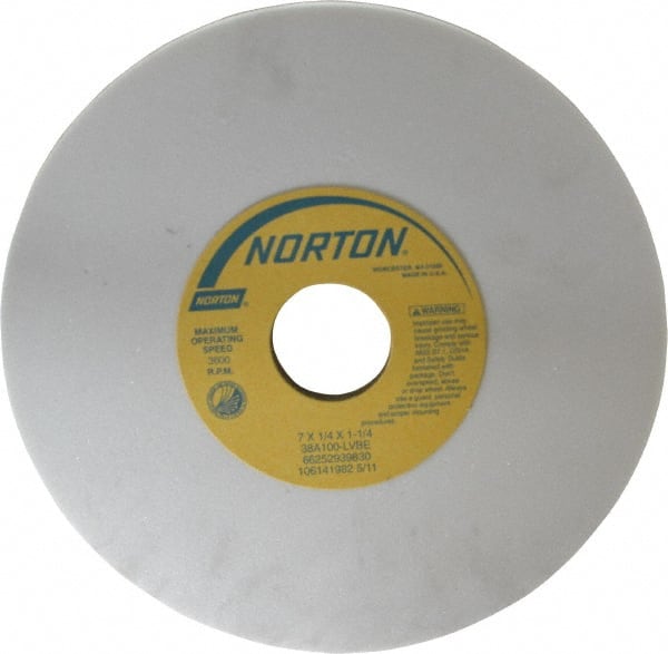 Norton - 7" Diam x 1-1/4" Hole x 1/4" Thick, L Hardness, 100 Grit Surface Grinding Wheel - Aluminum Oxide, Type 1, Fine Grade, 3,600 Max RPM, Vitrified Bond, No Recess - Exact Tooling