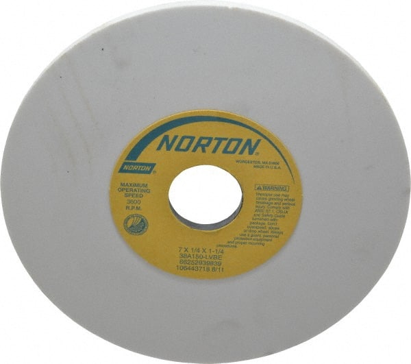 Norton - 7" Diam x 1-1/4" Hole x 1/4" Thick, L Hardness, 150 Grit Surface Grinding Wheel - Aluminum Oxide, Type 1, Very Fine Grade, 3,600 Max RPM, Vitrified Bond, No Recess - Exact Tooling