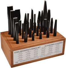 Mayhew - 24 Piece Center, Pin, Prick & Solid Punch & Cape, Cold, Diamond Point & Half Round Chisel & Rivet Buster - 1/4 to 3/4" Chisel, 1/8 to 1/2" Punch - Exact Tooling