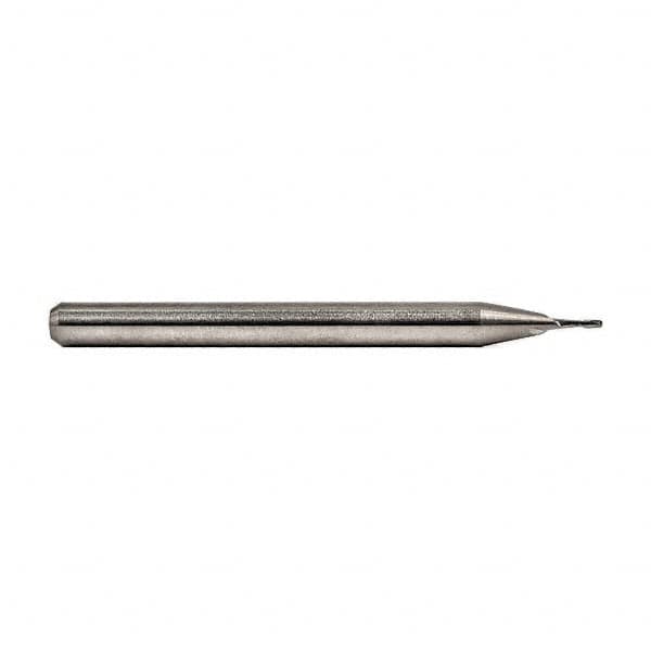 M.A. Ford - 0.032", 0.064" LOC, 1/8" Shank Diam, 1-1/2" OAL, 2 Flute, Solid Carbide Square End Mill - Single End, Bright Finish, Spiral Flute, 30° Helix, Centercutting, Right Hand Cut, Right Hand Flute - Exact Tooling