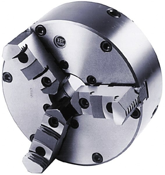 BTC - 3 Jaws, 8" Diam, Self Centering Manual Lathe Chuck - Plain Back Mount Spindle, Adjustable, Reversible, 3,100 Max RPM, 2.264" Through Hole Diam, Cast Iron - Exact Tooling