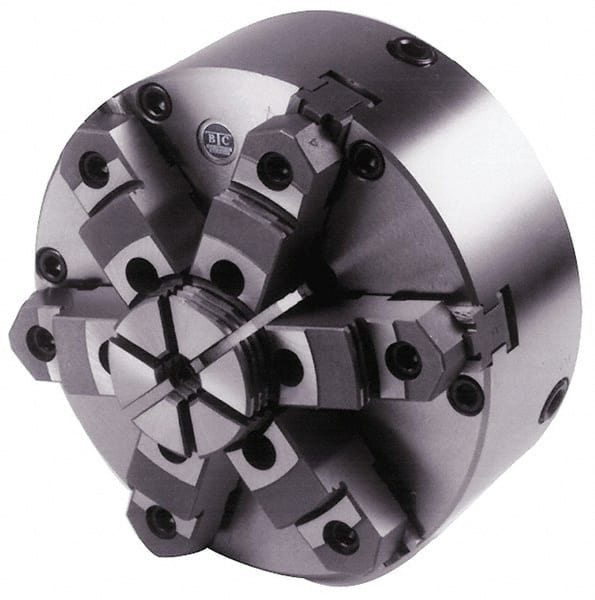 BTC - 6 Jaws, 8" Diam, Self Centering Manual Lathe Chuck - Plain Back Mount Spindle, Adjustable, Reversible, 2,200 Max RPM, 2.264" Through Hole Diam, Cast Iron - Exact Tooling